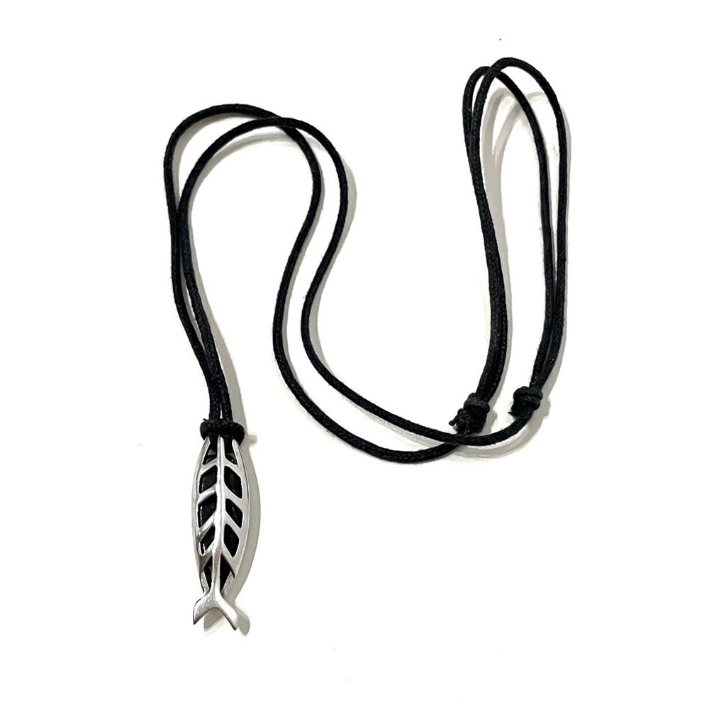 Sterling Silver Onyx Fish Pendant Cord Necklace